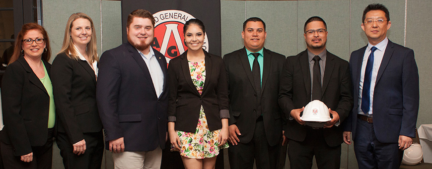Scholarship recipients were recognized by the Associated General Contractor of Americas Houston Chapter. Left to Right: RuthAnn Ritchie, Joye Turner, Curtis Lucas, Sarinah Sheppard, Obed Munoz, Sergio Valdez with Dr. Lingguang Song, Interim Chair of the UH Construction Management Department.