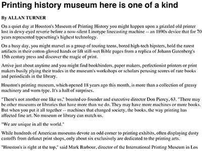 Museum of Printing History (Article from Houston Chronicle)