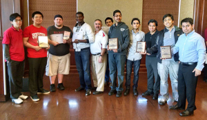 (Left to right) Lawrence Dang, Cuong Ngo, Jack Foster, Ike Katshungu, Professor Bret Detillier, Tin Van, John Lopez, Salman Butt, Eduardo Aranda, Jay Bustos and Daniel Teran. Not present for photo: Gagandeep Singh and Tahmid Mahmud