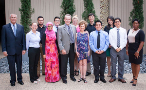 From left to right: Dean William Fitzgibbon, Monica Haaksma, Noe Castro, Javeria Pirzada, Kelvin Tran, Mr. Paul Frison, Nicole Bushong, Mrs. Barbara Frison, Clinton Casey, Ronald Pabello, Gloriella Gonzalez, Diego Manrique, Dr. Carmen Carter