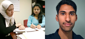 Sara Khalil (left) in the lab with Manvika Mohan, UH graduate student. Right: Aqib Hasnain, mechanical engineering technology student.