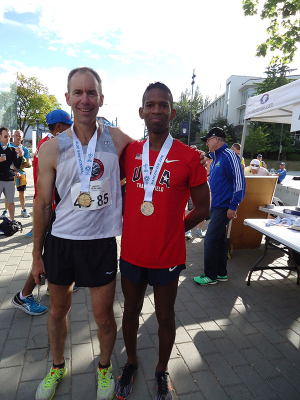 University of British Columbia-America Master Games 10K Road Race with Age Group Gold Medalist, Canadian Mike Bridges (left) and Silver Medalist, Carlo Deason (right). Carlo was the top American finisher in the 10K road race. (Picture courtesy of Carlo Deason)