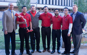 From left: Professor Medhat El Nahas, Juan Tovar, Aaron Russell, Edward Resendez, Alex Alvarado, and, Dan Nguyen, and Bill Dore (far right), owner of 3D Print Bureau of Texas, attended the ProLegs team's senior design presentation.
