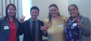 UH Coogs express their Cougar pride during the ISA Scholarship Night, June 7. From left: Dr. Xiaojing Yuan (ISA@UH faculty advisor), Tony Hoang (scholarship winner), Minela Bajrovic (Technology Alumni Association president), Maria Brito (scholarship winner, ISA@UH chapter president, College of Technology student council president). Scholarship winners, Cristian Vazquez and Ligia Lobo not shown.