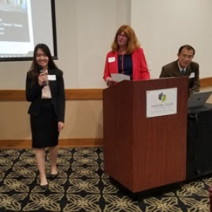 Tran Vo practices her presentation with Dr. Mary Henderson and Dr. Victor Cheng, supply chain & logistics technology professors in the Construction Management Department.